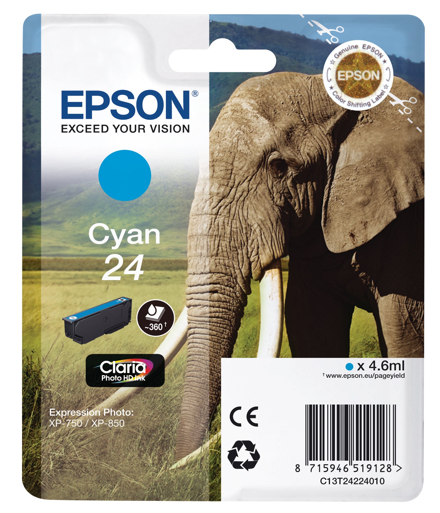EPSON Tintenpatrone 24 cyan T242240 XP 750/850 360 Seiten