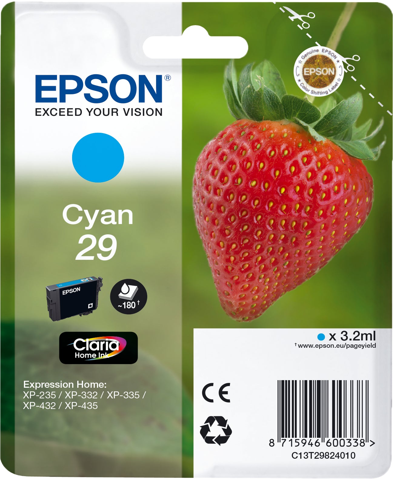 EPSON Tintenpatrone 29 cyan T298240 XP-235/335/435 180 Seiten