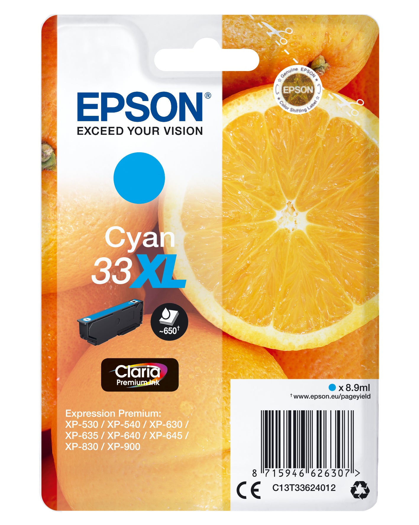 EPSON Tintenpatrone 33XL cyan T336240 XP-530/630/830 650 Seiten