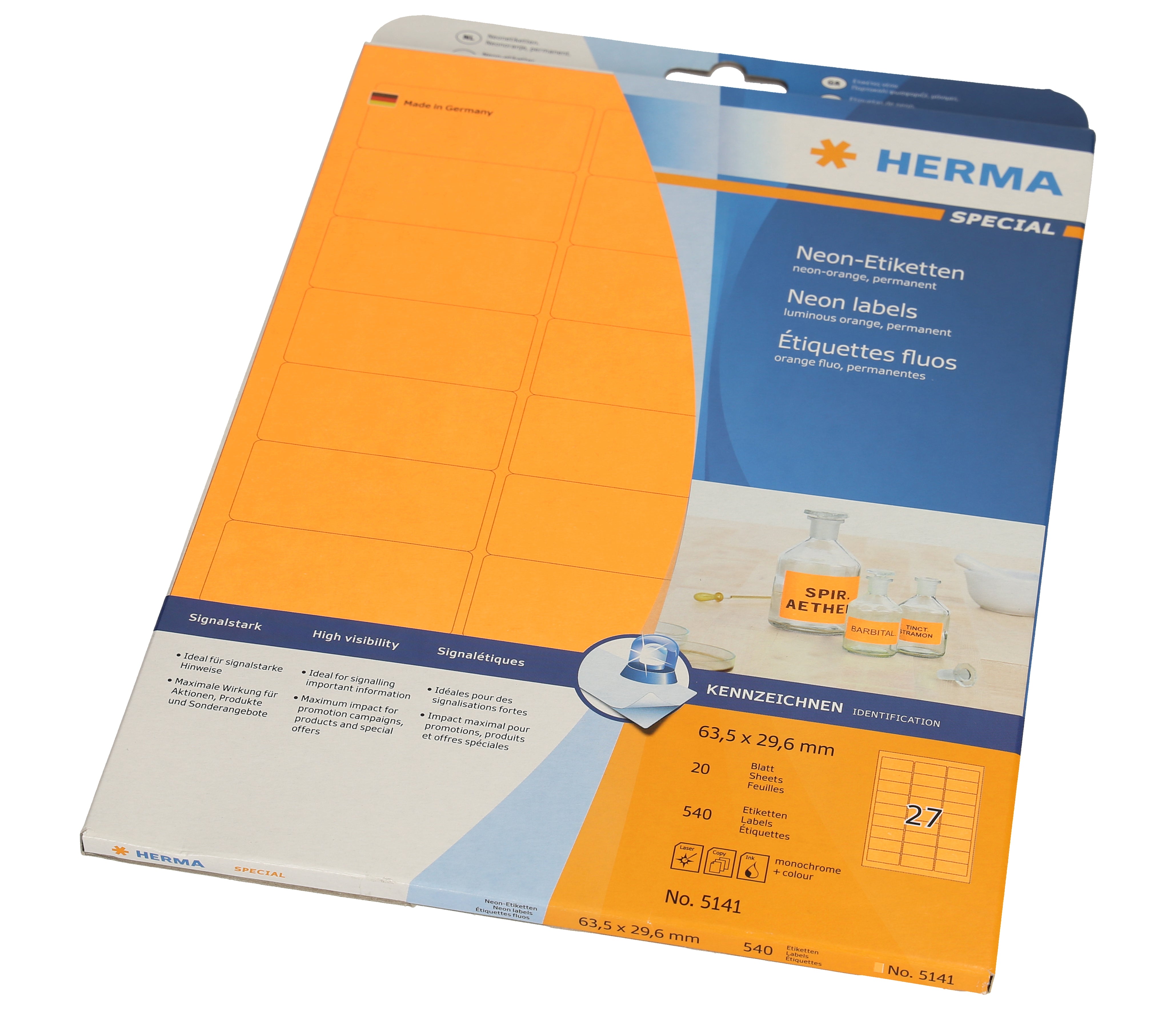 HERMA Etiketten 63.5x29.6mm 5141 neon orange 540 Stück/20 Blatt