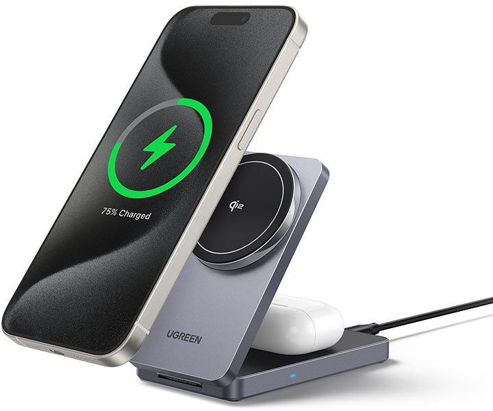 UGREEN Wireless Charger 2in1,20W,Qi2 45023 iPhone,AirPods,Gray