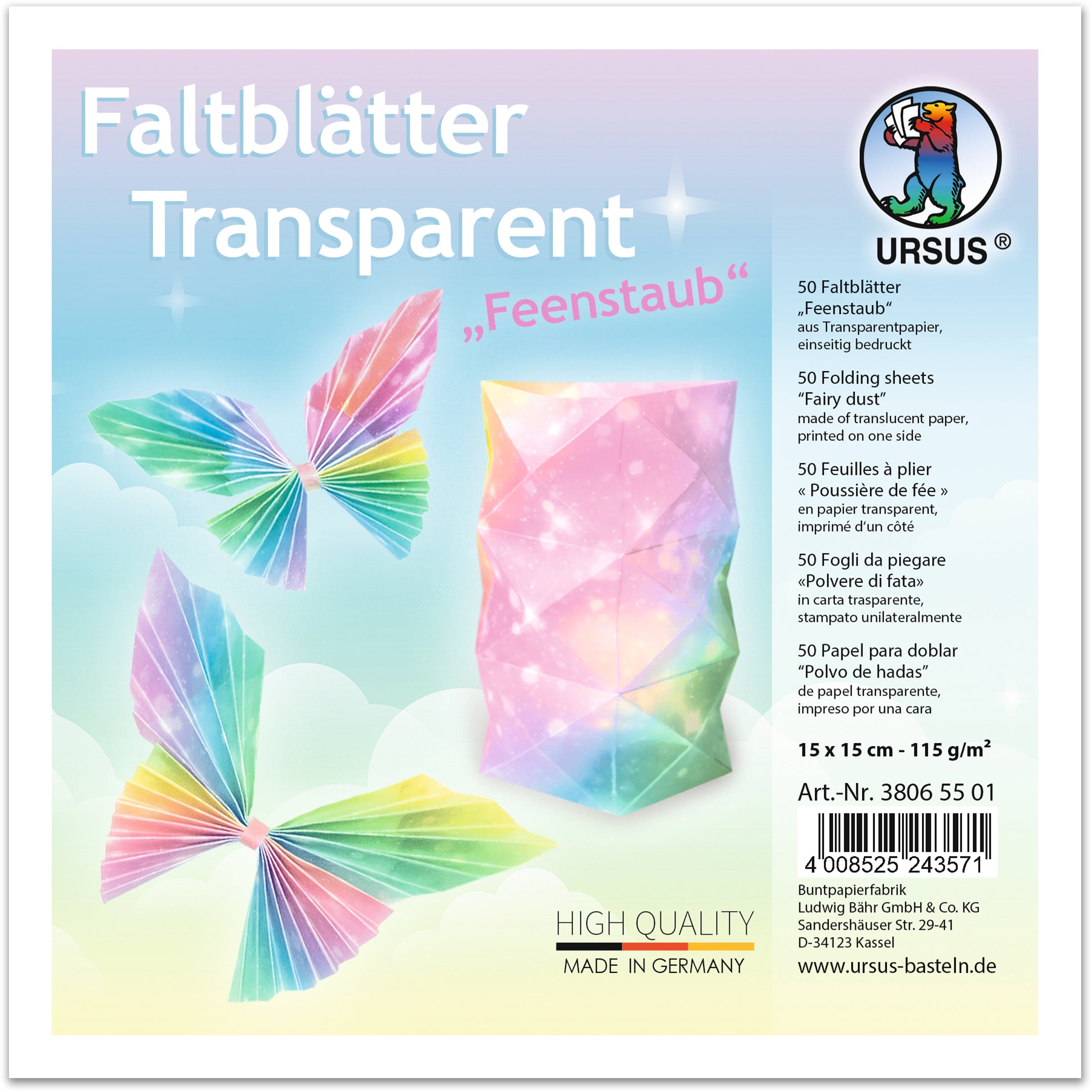 URSUS Faltblätter Transparentpapier 38065501 Feenstaub,15x15cm 50 Blatt