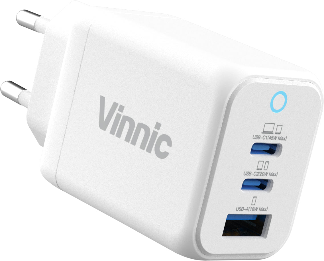 VINNIC FERNOW GaN 45W,Wallcharger VPCG-GA45WG1-EUWH 2x USB C, 1x USB-A, White