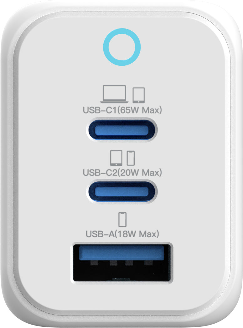 VINNIC FERNOW GaN 65W,Wallcharger VPCG-GA65WG1-EUWH 2x USB C, 1x USB-A, White